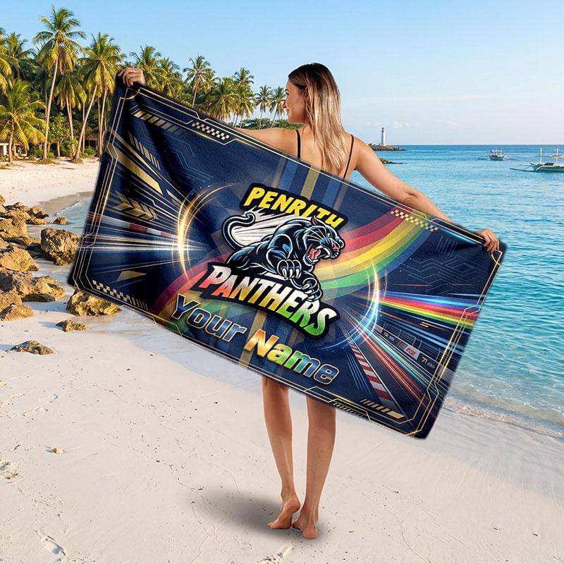 Penrith Panthers Customized Name Text Beach Towel, Soft Absorbent Towel Beach Pool Travel Personal Gift