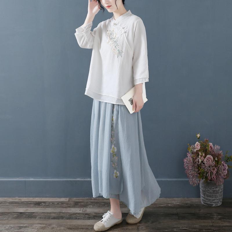 Camicie Donna Manica Lunga Lino Camicia Abbottonata Cotone Ricamo Vintago Taglie Forti Top da Donna Blusa Girocollo Casual Bianco