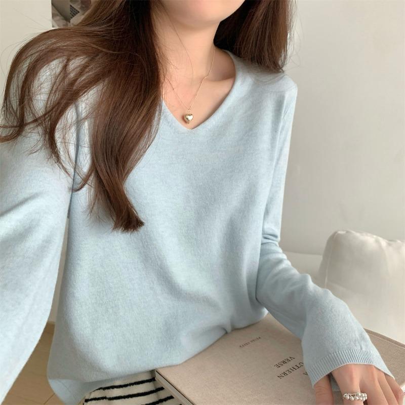 

Autumn Winter V-neck Solid Color Simple All-match Bottomed Knitting Top Women Long Sleeve Casual Pullover Sweater S светло-синий