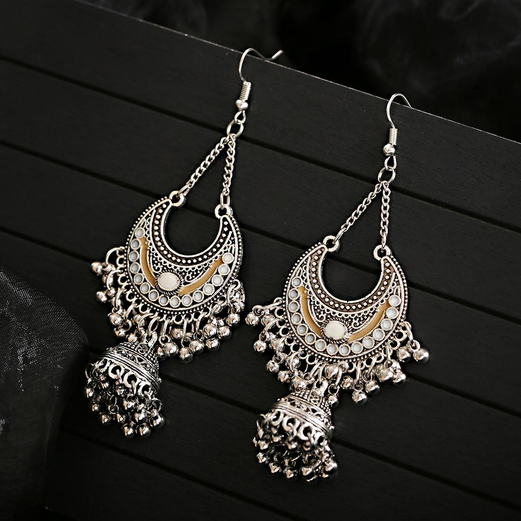 Ethnic Copper Color Indian Jhumka Gypsy Zircon Boho Geometric Lantern Tassel Oxidized Earrings Women's Afghan Hanging Earrings
