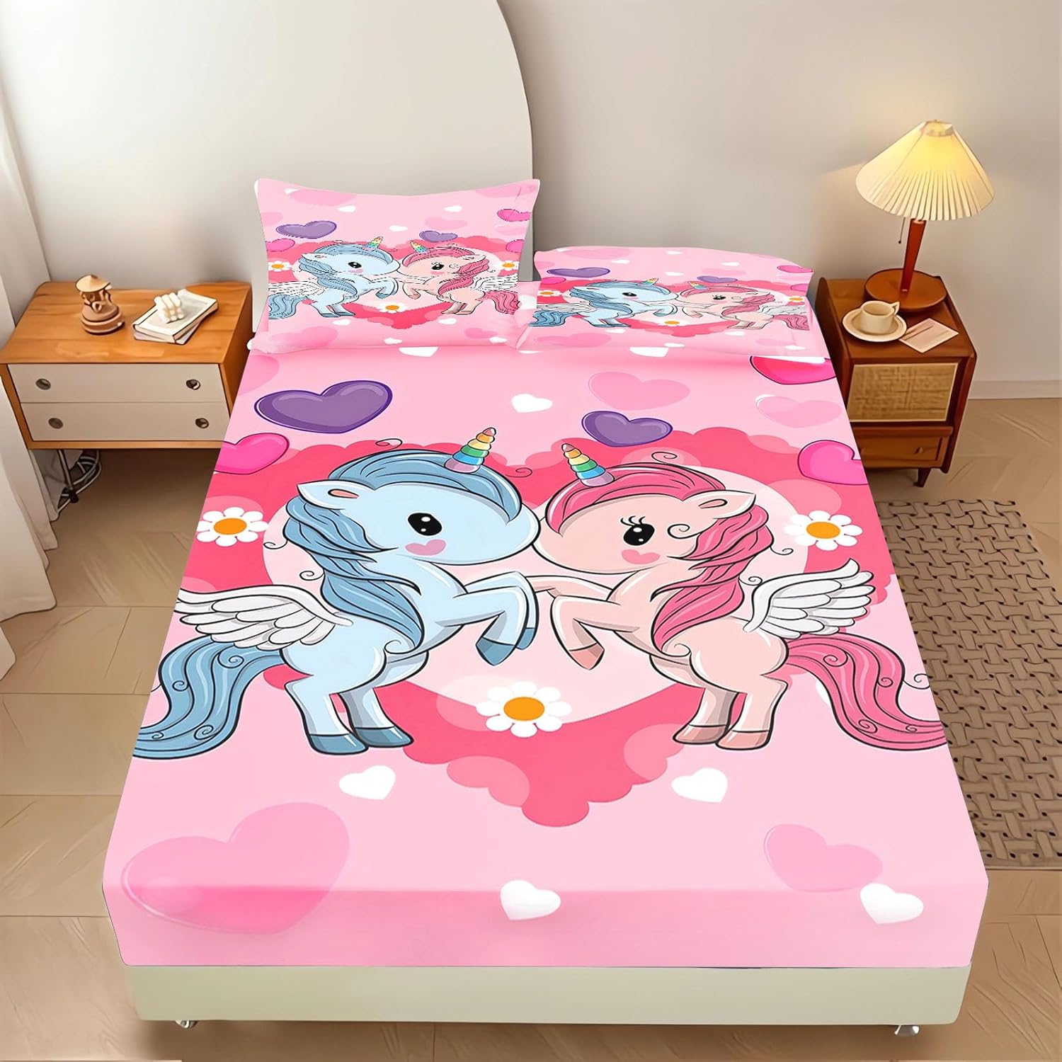 

Unicorn Fitted Sheet Single Size For Kids Girls Teens, Cartoon Rainbow Bed Sheet Set Cute Animal Sheet with 1 Pillowcase 75*50 90x200cm