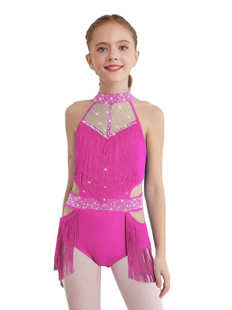 Girls Latin Dance Bodysuit Sleeveless Cutout Back Design Sheer Mesh Patchwork Shiny Rhinestones Tassel Leotard