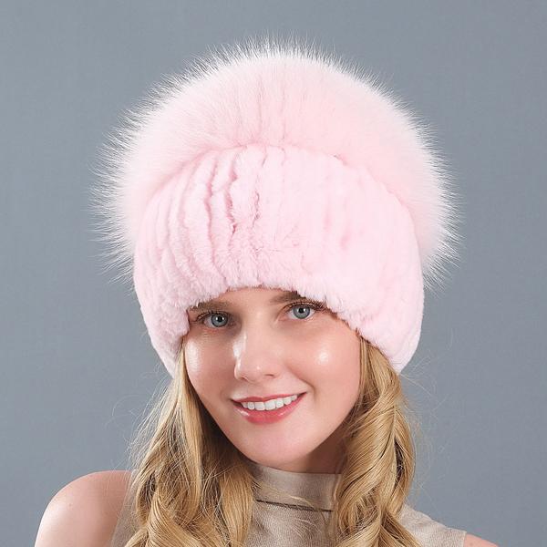 New Style Women Real Genuine Fox Fur Beanies Hat Girls Natural Real Rex Rabbit Fur Skullies Cap Knit Winter Real Fur Hats
