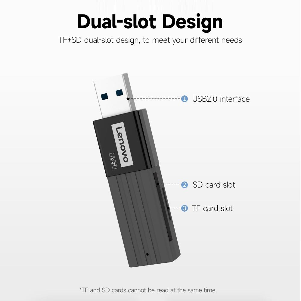 Lenovo D221 USB2.0 קורא כרטיסים נייד SD+TF קורא כרטיסים 2 ב-1 שידור יציב מעטפת ABS