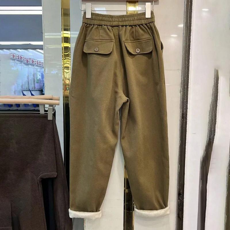 Pants for Women Plus Size Thickened Stretchy Elastic High Waist Long Trousers Solid Colour Fleece Casual Wide Leg Pants