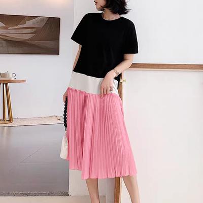Women's Summmer Midi Dress  Round Neck Short Sleeve Colorblock Straight Dresses