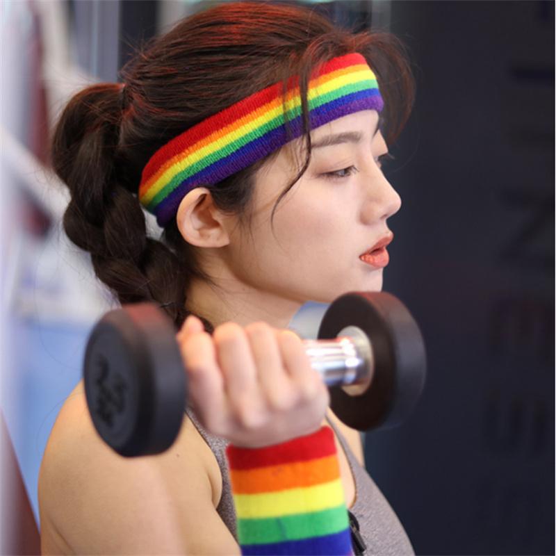Frauen Männer Buntes Regenbogen Stirnband Handgelenkwickel Sportzubehör Yoga Laufen Breit Elastisch Weich Stirnband Lässige Kopfbedeckung