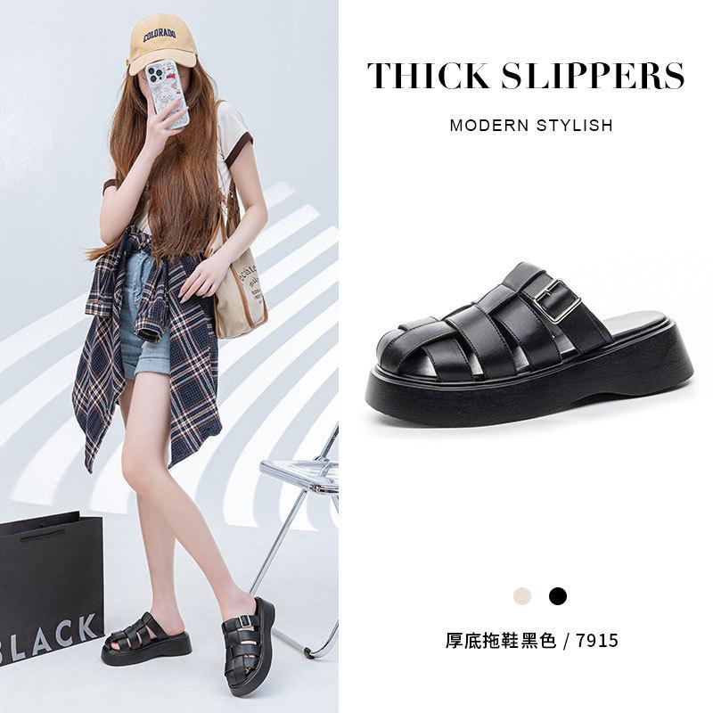 2025 summer new bag head half slippers women's casual Roman beach sandals thick sole height-increasing lazy slippers