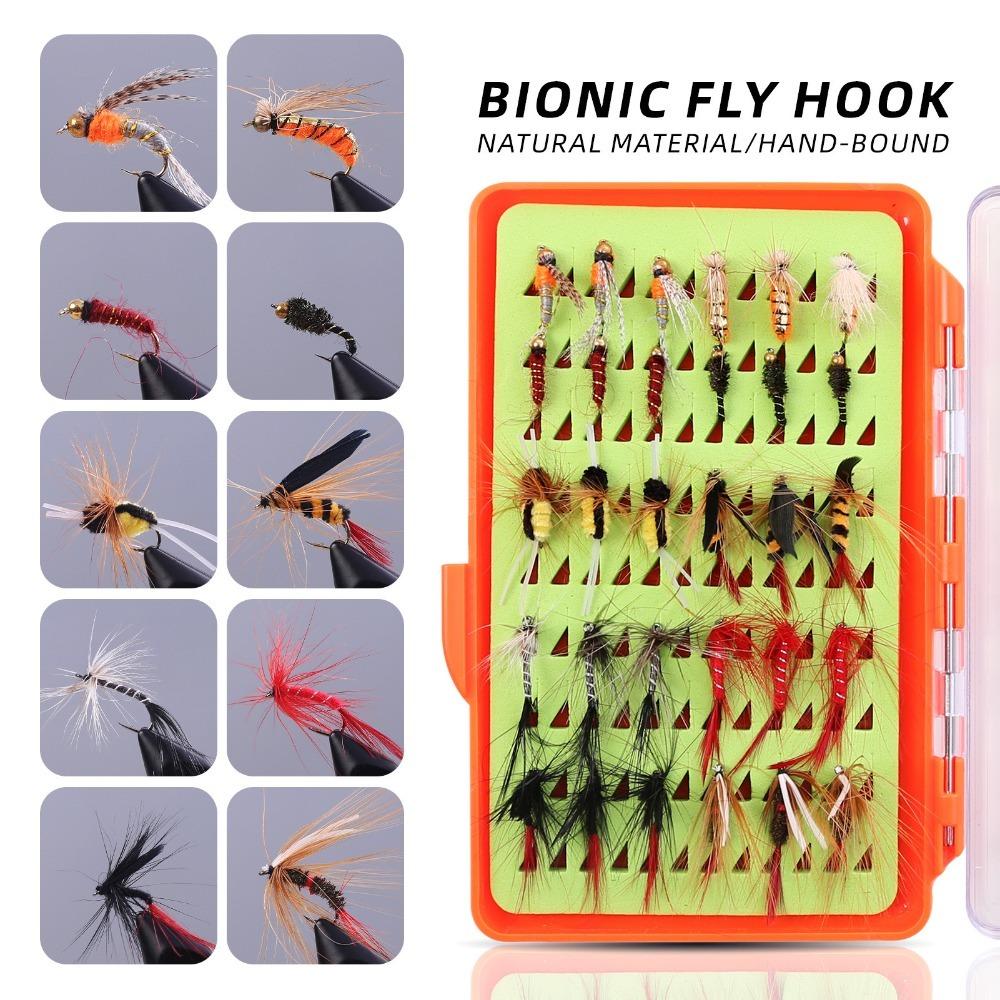 30/32PCS with Carbon Steel Hook Fly Fishing Lures with Flat Box Fly Fishing Bait Kit  For Bass