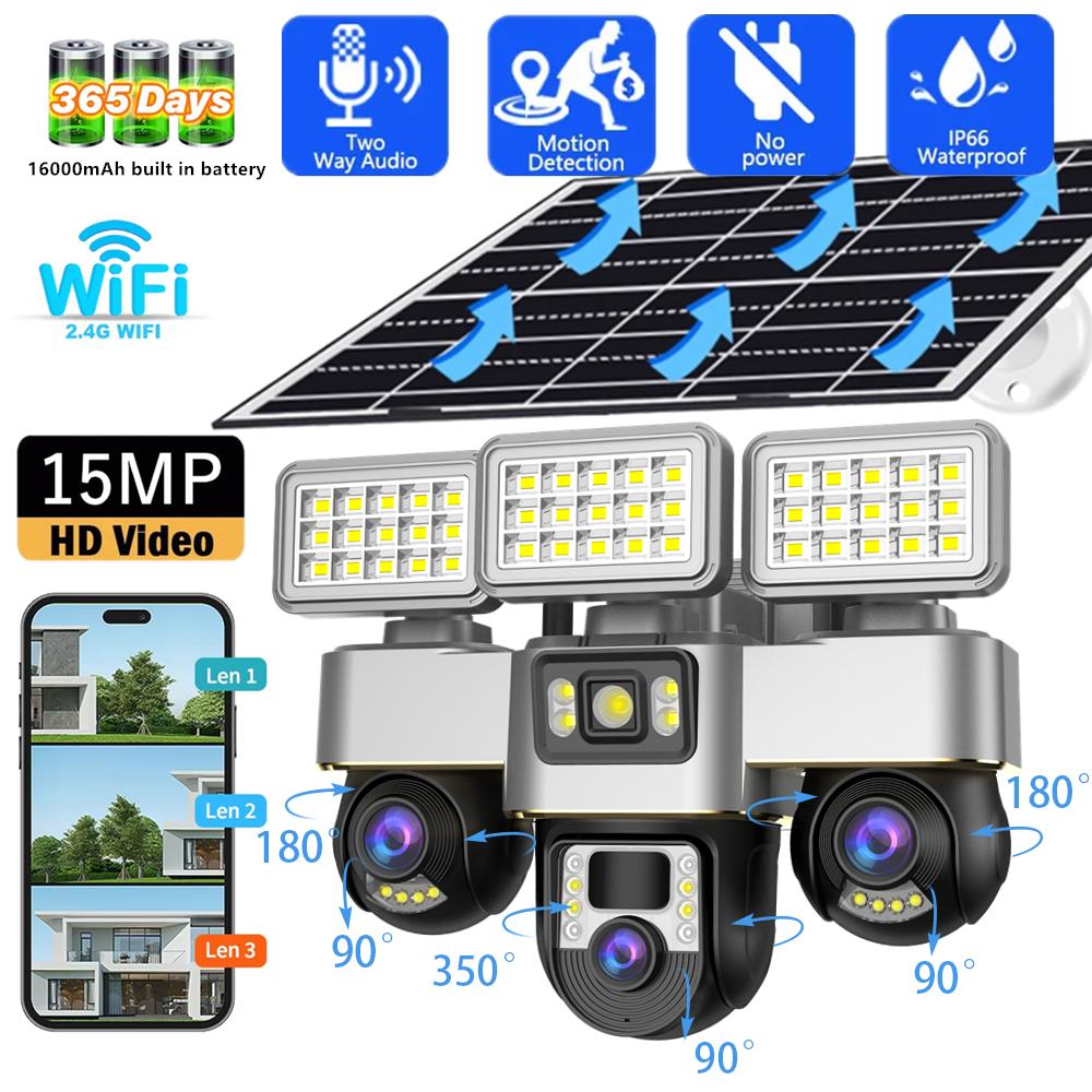 3-Lens Solar Camera, Outdoor Surveillance, WiFi, Floodlight Night Vision, Security Audio Camera, 16000mAh Battery CCTV