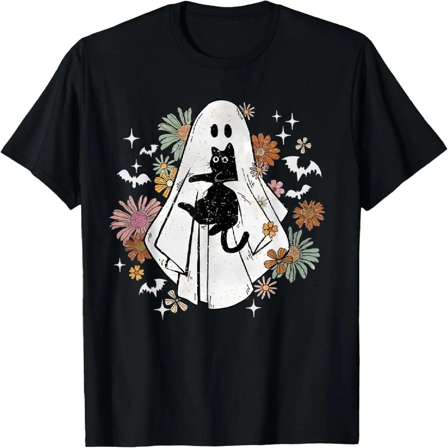 Spooky Ghost Holding Black Cat Groovy Floral Halloween Goth T-Shirt S чёрный