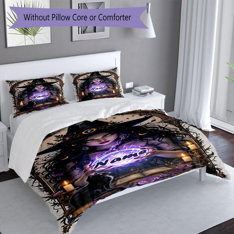3pcs Custom Name Witchcraft Magic Bedding Set Printed Bedding Set Duvet Cover Closure Includes 1 Duvet Cover & 2 Pillowcases Bedroom Decor