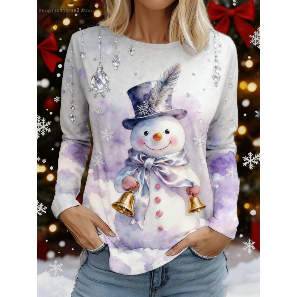 Christmas Cute Snowman 3D Print Round Neck Long Sleeve Women's T-Shirt, New Comfortable and Fashionable Top