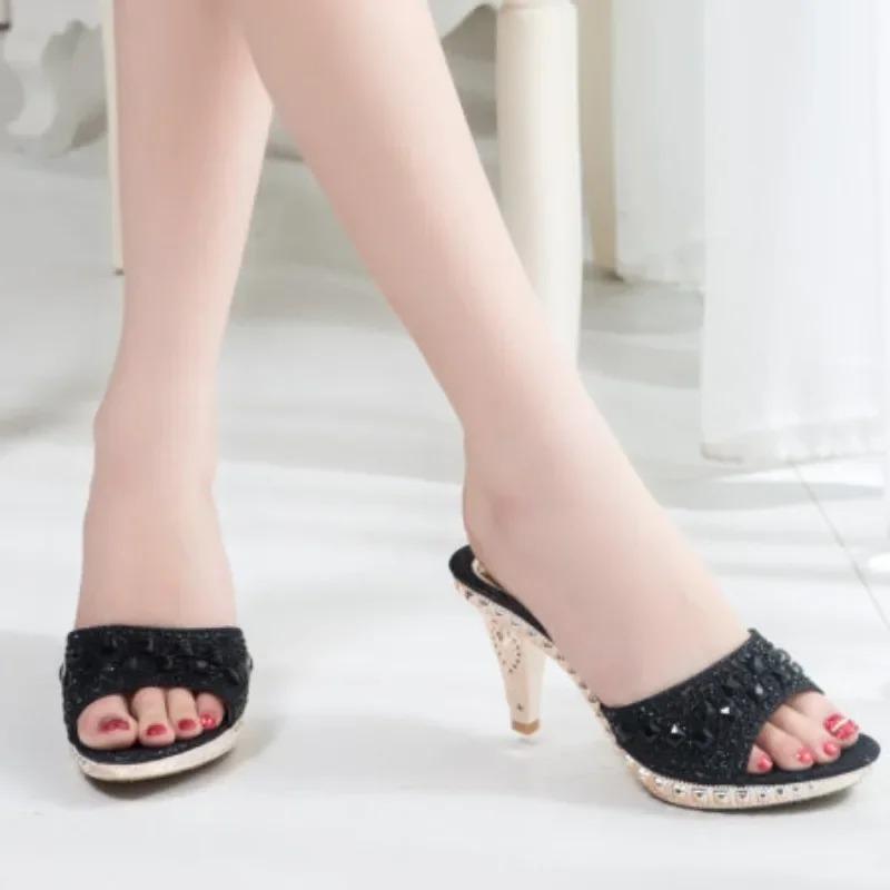 Mode 2024 Sommer Neu Luxus Strass Designer Damen High Heels Kristall Bankett Party Elegant Kleid Slingback