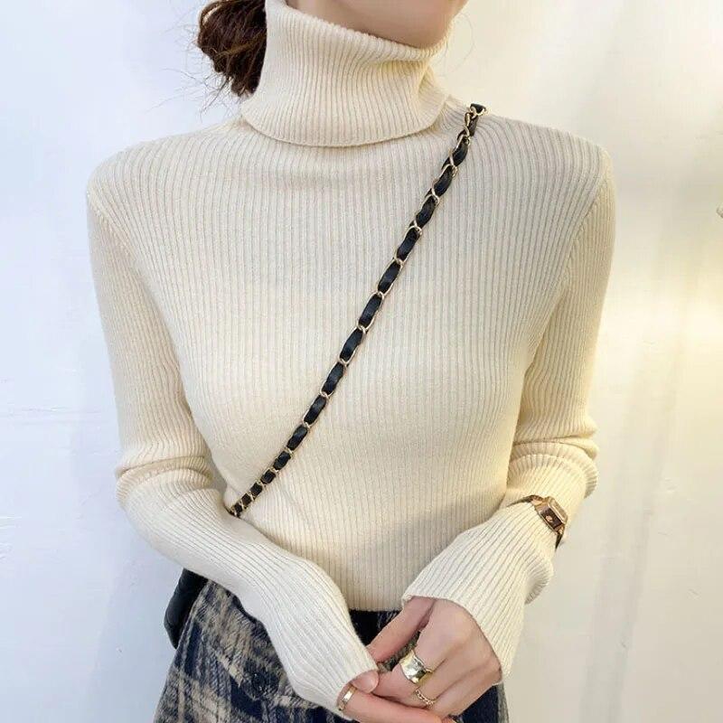 Women Pullover Turtleneck Sweater Autumn 2023 Long Sleeve Elastic Korean Simple Basic Jumper Solid Color Tops 16675