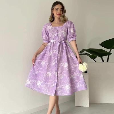 Letní Euroamerické šaty s čtvercovým výstřihem, nabíranými rukávy a vázáním v pase pro ženy