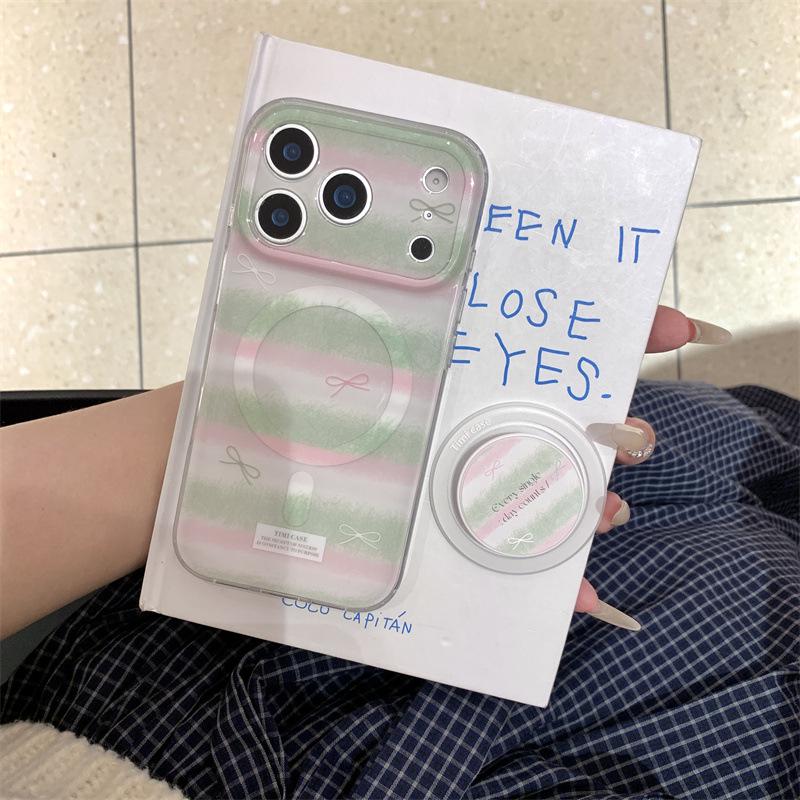 

Spring Green and Pink Striped Magnetic Bow Phone Case for iPhone 17, 16ProMax, 15, 14. iPhone 17 Pro