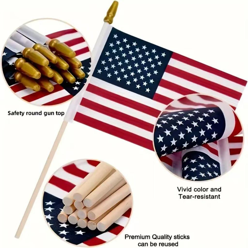 24 Pack Handheld Small Flags with Wooden Poles Gold Plastic Spear Tops 10x15cm Polyester Flags for Events Parades Parties Decorations