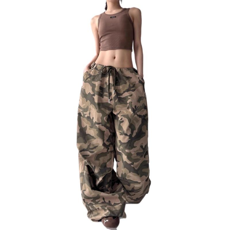 Womens Vintage Camo Cargo Pants High Waist Loose Wide Leg Casual Trousers