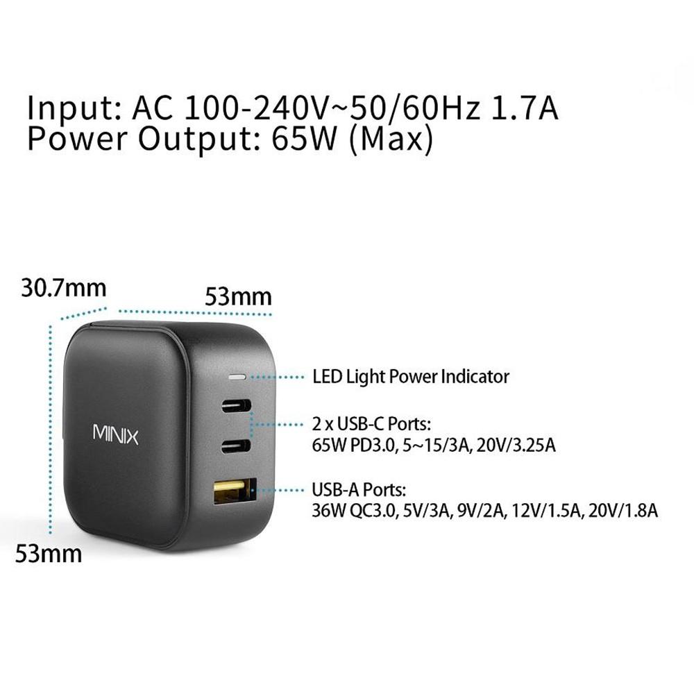 MINIX P1 65W 3-Port GaN Wall Charger with Multi-Protection Safety System