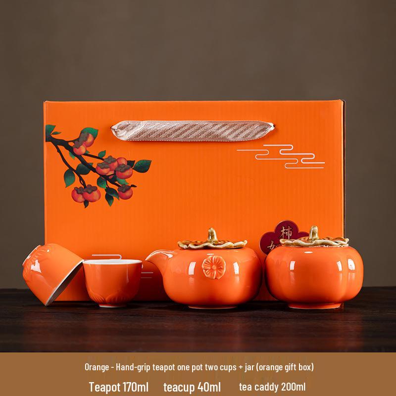 Persimmon Tea Set - Festive Ruyi Design, Custom Ceramic Gift Box for Weddings & Souvenirs
