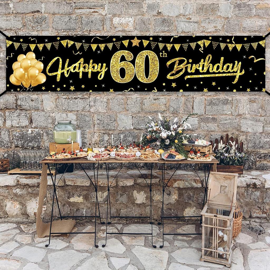 Happy 60th Birthday Banner Decorations for Men Women, Black Gold 60 Birthday Sign Party Supplies for Yard, Funny Sixty Birthday Party Backdrop Decor