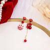 Red Festive Lion Pearl Earrings, National Style Asymmetrical Ingot Blessing Character Fringed Stud Earrings Female