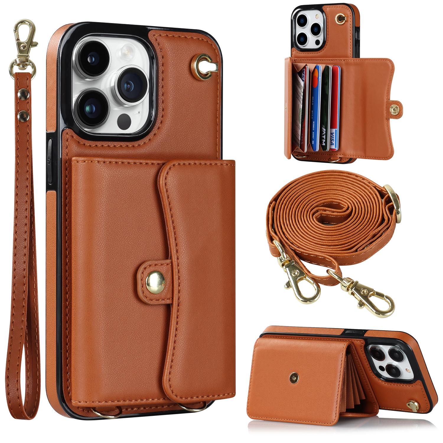 

For iPhone 12/12 Pro PU Leather+TPU Phone Case Card Slots RFID Blocking Kickstand Cover with Short +Long Straps Brown
