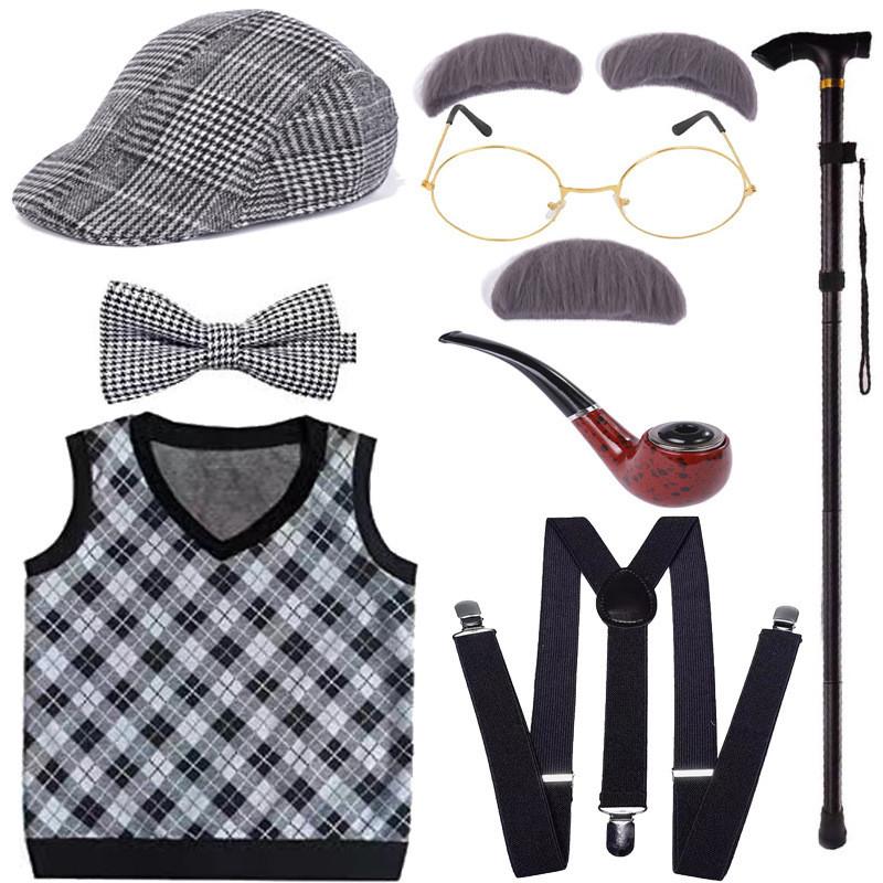 Halloween Costume Set For Kids Featuring Short Black Wig And Grandpa Beard Accessories