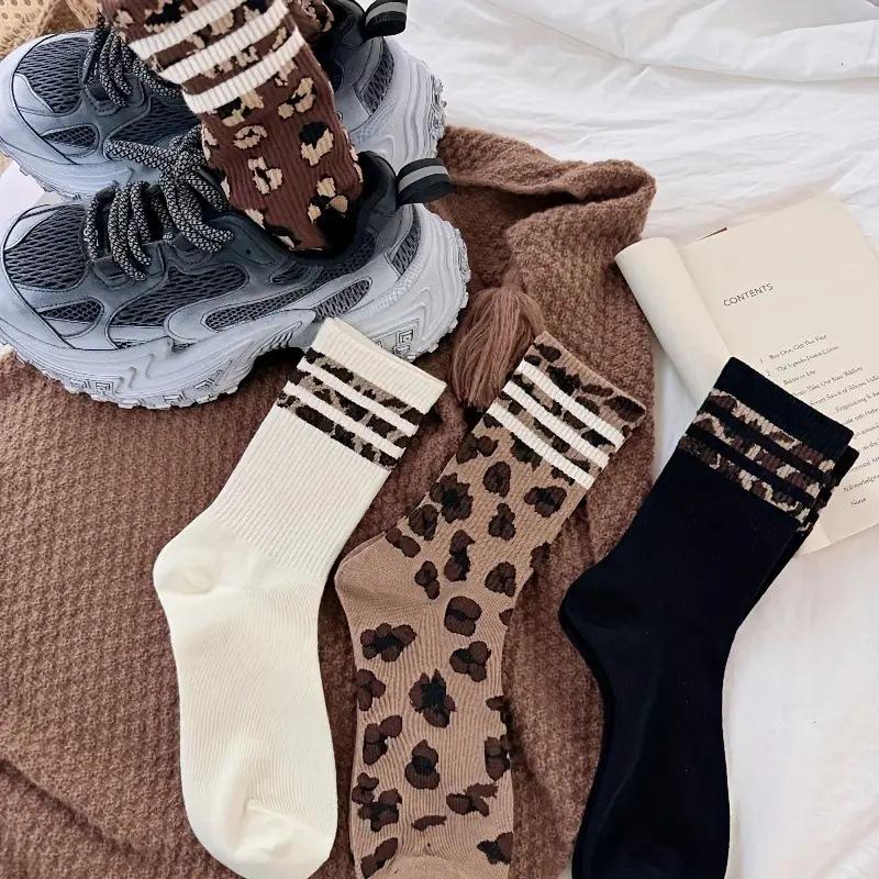Women's Mid-Calf Socks - Polka Dot & Leopard Print, Trendy Korean Style, Knee-High, Versatile, Non-Slip, Spring/Autumn Fashion.