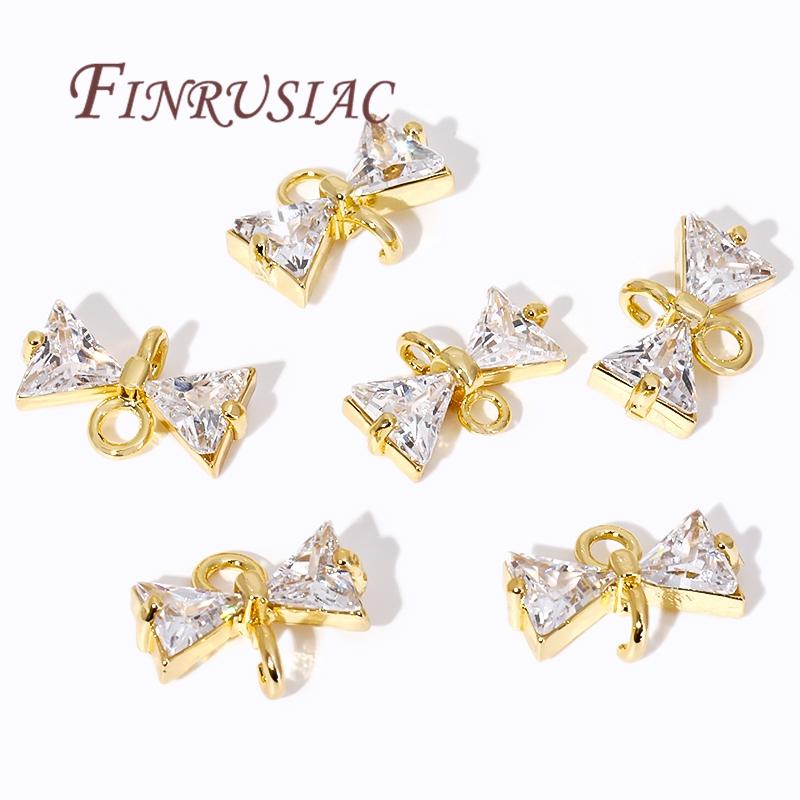 18K Gold Plated Shiny Cubic Zirconia Crystal Bowknot Charm Connectors For DIY Women's Earrings/Bracelets Jewelry Making Supplies