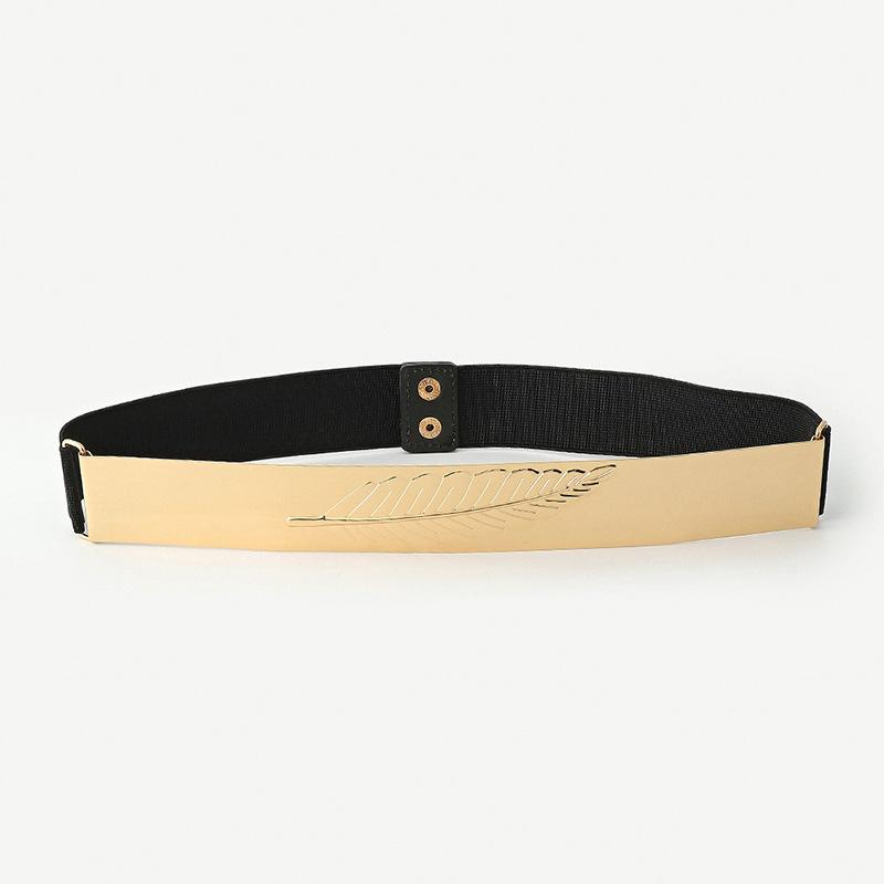 Strictly Selected Metal Gold Mirror Sequin Hollow Iron Waist Seal Black Elastic Elastic Belt