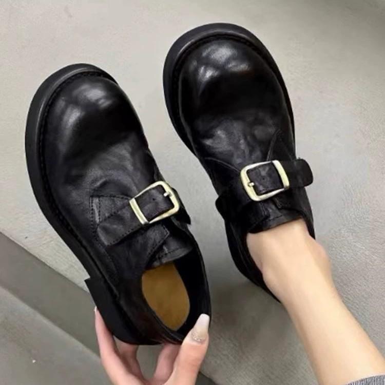 Retro Round Scalp Buckle with Thick Heel Loafers Women's Small Leather Shoes 2025 British Versatile Single Shoes Thick Sole and Thick Sole Increase