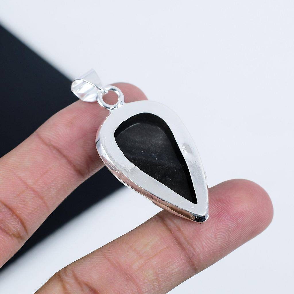 Natural Silver Obsidian Gemstone Silver Pendant In 925 Sterling Silver - Handmade Pear Design, Everyday Wear Jewelry Birthday Gift