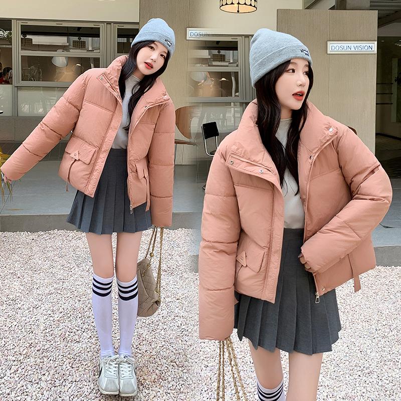 Women Autumn Winter Big Pocket Solid Color Thicken Outwear Cotton Padded Stand Collar Warm Short Jacket Coat