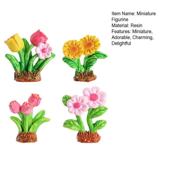 4 Peças Miniatura de Aglomerado de Flores Pequena Resina Falsa Girassol Tulipa Grama Modelo para Jardim de Fadas Micro Paisagem Decoração de Casa de Bonecas