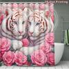 4Pcs White Tigers And Pink Shower Curtain Set with Non-Slip Bath Mat, Toilet Lid Cover, Contour Rug & 12 Hooks, Bathroom Decor