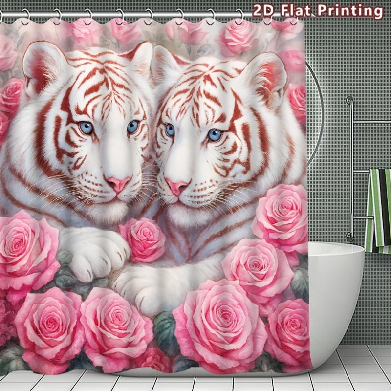 4Pcs White Tigers And Pink Shower Curtain Set with Non-Slip Bath Mat, Toilet Lid Cover, Contour Rug & 12 Hooks, Bathroom Decor