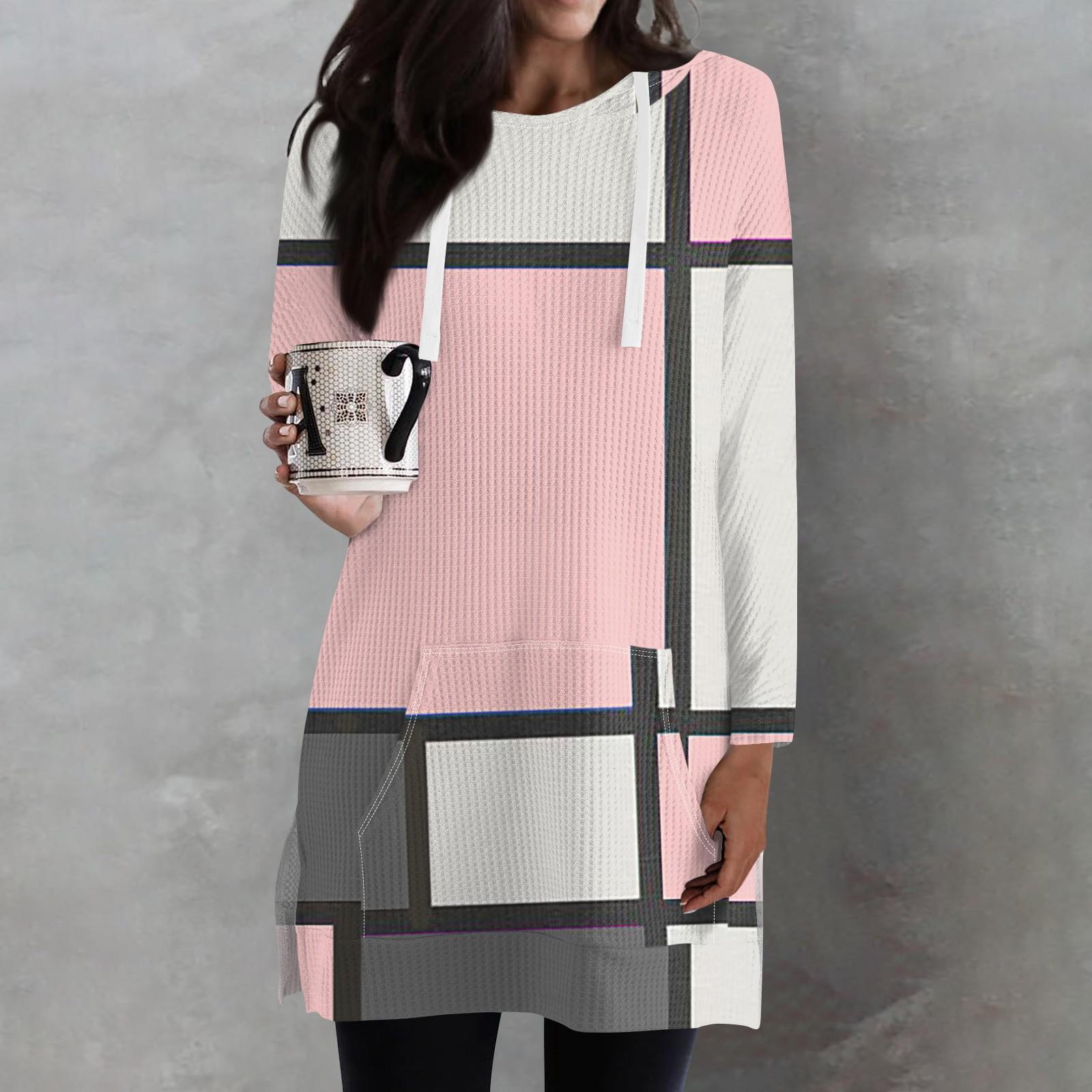 

Женские свободные рубашки с принтом, длинные рукава, толстовки с завязками, трикотажные туники с боковыми разрезами, топы с капюшоном и карманом XL розовый