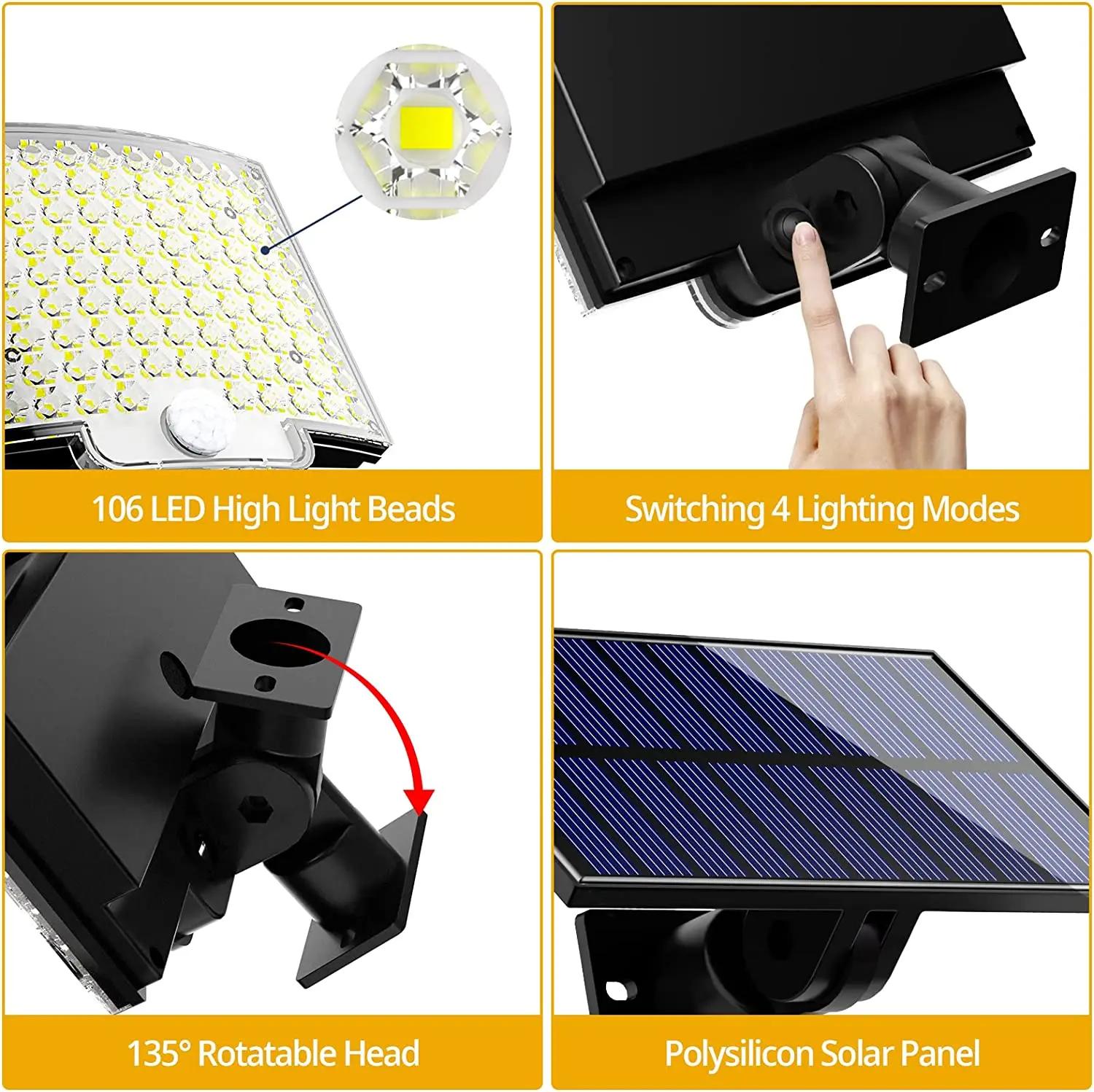 

Solar Light Outdoor LED Wall Lamp Motion Sensor 106 Beads IP65 Waterproof Extra Bright 4 Working Modes Powerful Garden lighting Quantity - 1pc