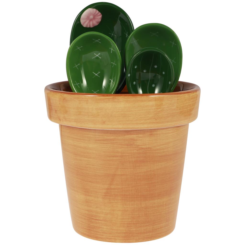 4 Pcs Porcelain Measuring Spoons Set with Base Cute Cactus Shape Stirring Soup Spoon Reusable Ceramic Flower Pot Measuring Spoon