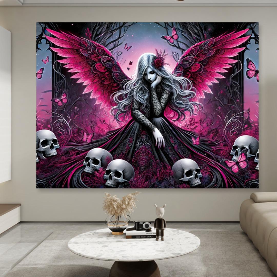 

1pc Pink Wing Tapestry Skull Beauty Printed Reusable Dustproof Oversized Tapestry for Birthiday Gift Home Party Wall Decoration 90CMx90CM