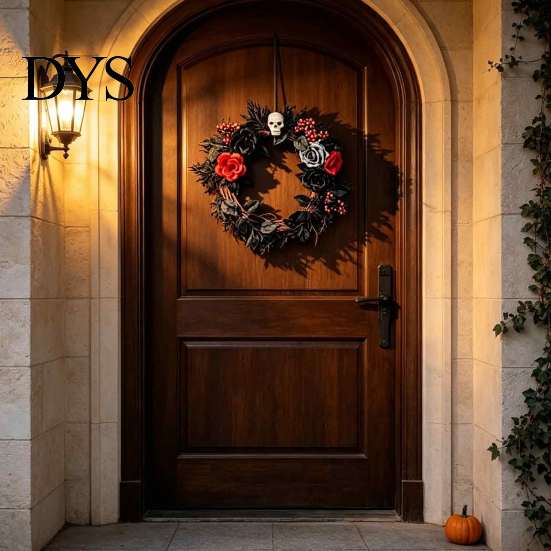 Halloween Wreath for Front Door Gothic Black White Blue Rose Twig Wreath, 15 Inch Skull Decorative Fireplace with Twisted Branches And Berries
