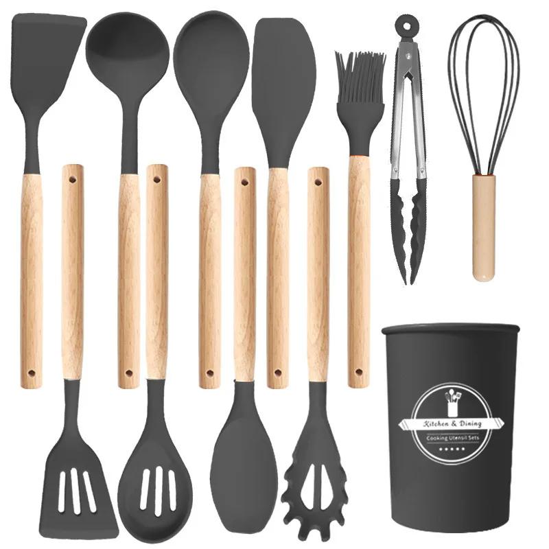 12Pcs Silicone Utensils Set Non-Stick Cookware Spatula Shovel Egg Beaters Wooden Handle Kitchenware Home Kitchen Cooking Tools