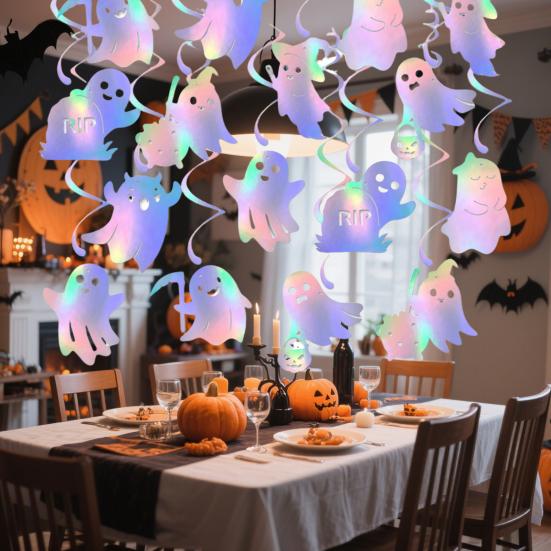 8 Pcs Iridescent Ghost Hanging Swirls Cute Shinny Foil Ghost Swirls Halloween Ceiling Streamer for Halloween Party Decoration