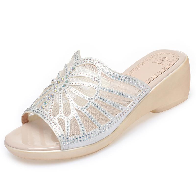 5cm Big Size 35-43 Comfortable Mesh Rhinestone Platform Wedges Slippers Leather Shoes 2025 Med Heels Slides for Office Mom Party