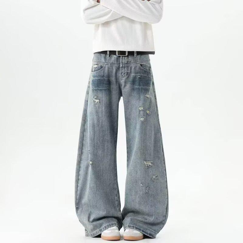 American niche design vibe retro pants men loose straight trend ink splashing wide leg jeans men