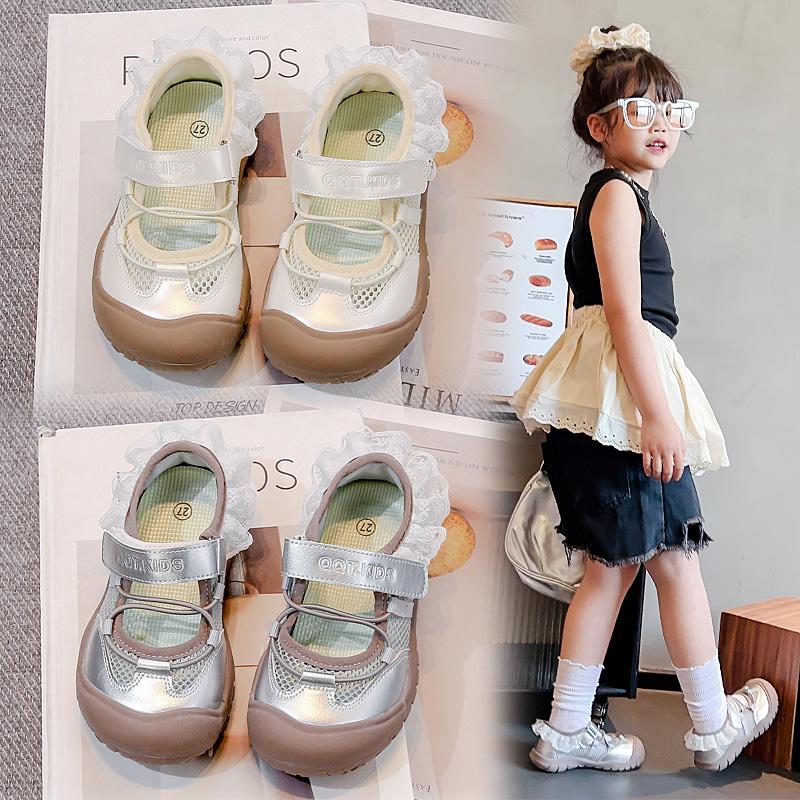 Girls Princess Shoes Lace Sweet Kids Casual Shoes Hook&loop Toes Capped 2025 New Children Flat Shoes Mesh Breathable Soft Sole