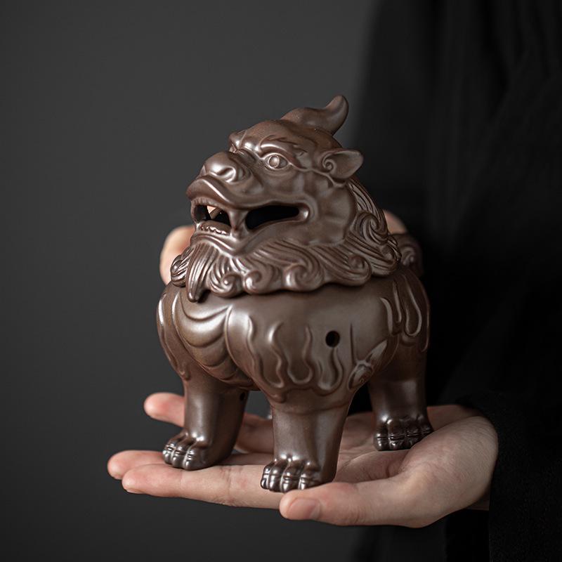 Ceramic Suanni Beast Coil Incense Burner with Lid - Antique Style Ornament for Home