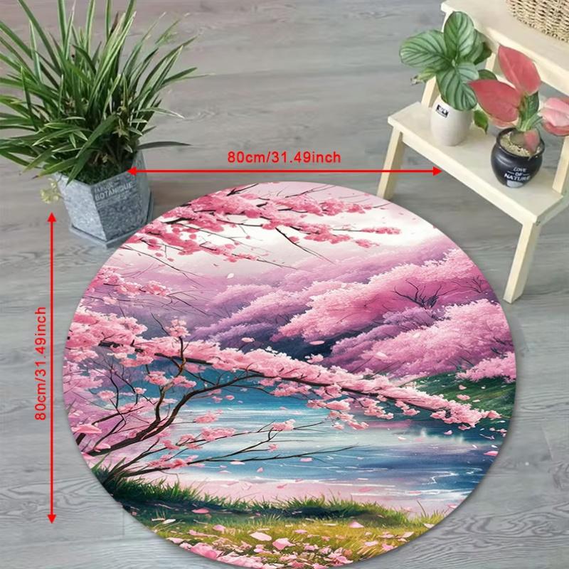 Pink Cherry Blossom Lake Scenery Round Rug Flannel Nature Landscape Floor Mat Spring Season Decor Bedroom Meditation Space Calm